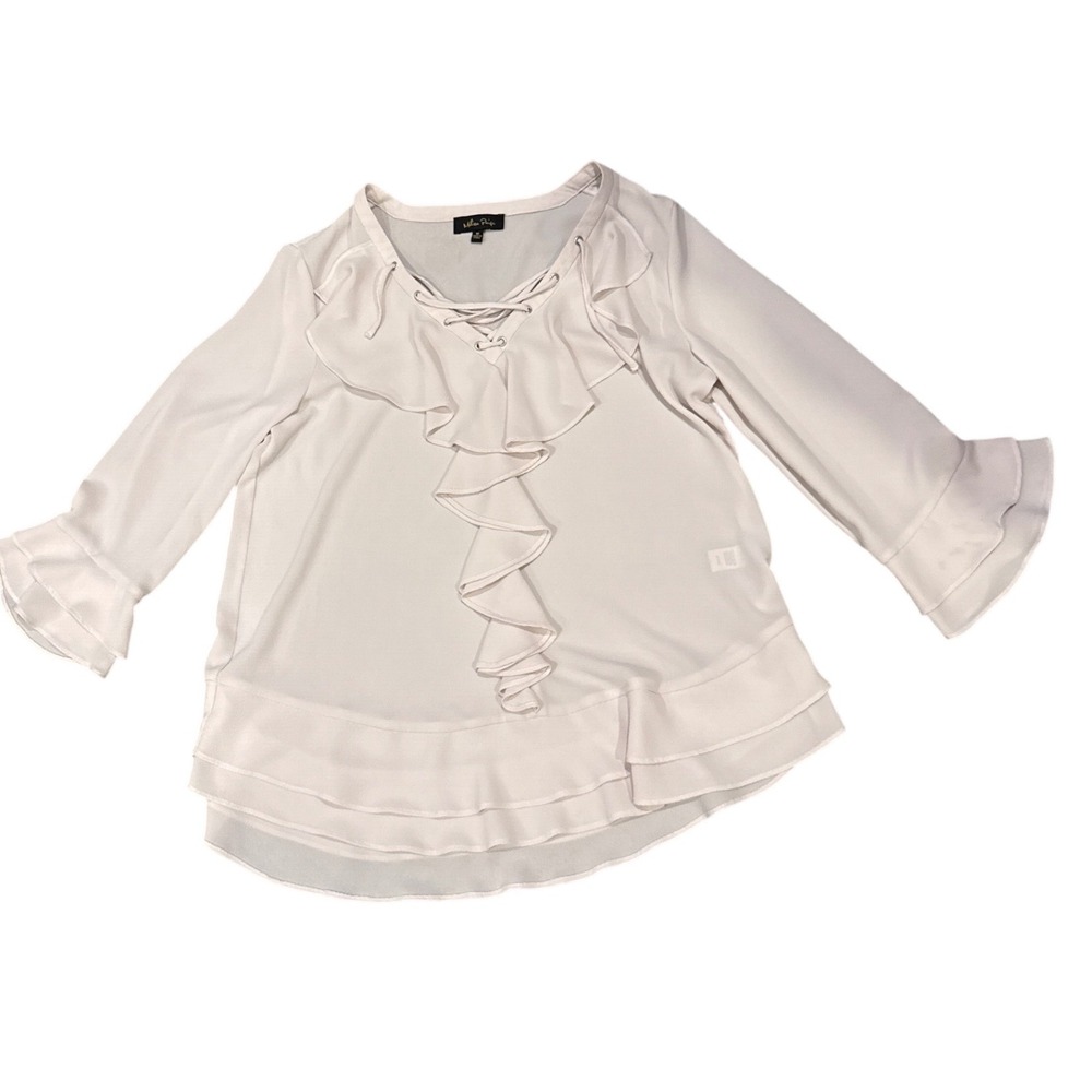 Melissa Paige Ivory Ruffle Front Lace Up Bell Sleeve Blouse Womens M Cottagecore